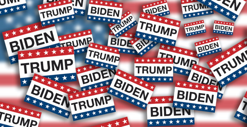 Piles of voting signs with stars and stripes from the American flag and the last names of President Donald J. Trump and Joseph R. Biden flying around on USA flag background. (Photo: AdobeStock)