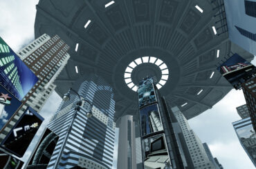Alien UFO above Time Square New York Manhattan. 3D rendering. (Photo: AdobeStock)