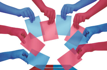 Election day vote and voting concept casting red and blue ballots at a polling station as a democratic right in a democracy as diverse hands holding votes with 3D illustration elements.